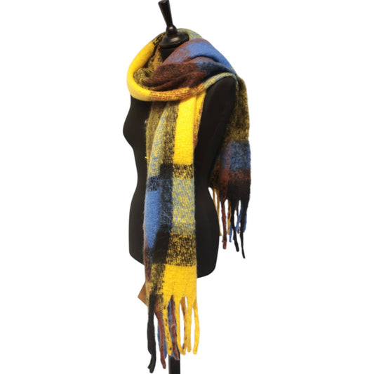 Mustard & Blue Checked Chunky Winter Scarf