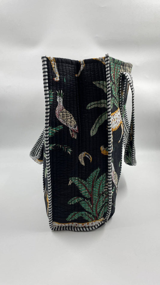 100% Cotton Kantha Quilted Boho Animal Reversible Navy tote