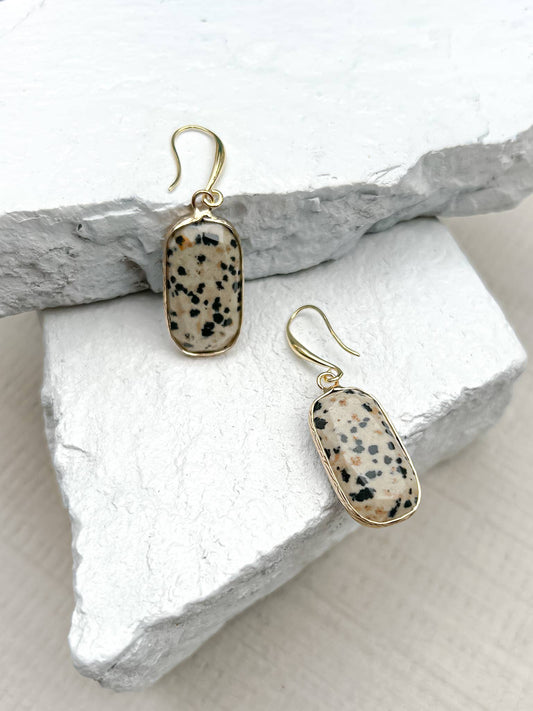 Dalmatian Jasper Rectangle Drop Gold Plated Earrings