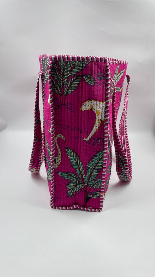 100% Cotton Kantha Quilted Boho Animal Reversible Tote Bag