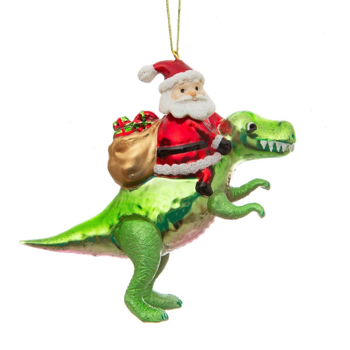 Christmas ornament of Santa Claus riding a green dinosaur on a white background