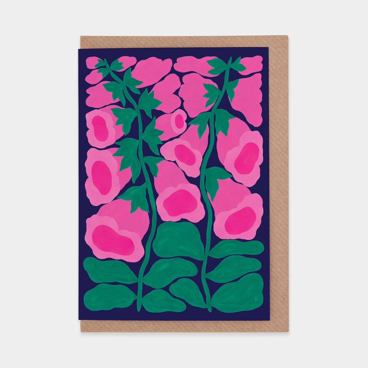 Greeting card with pink flowers and green leaves on a blue background