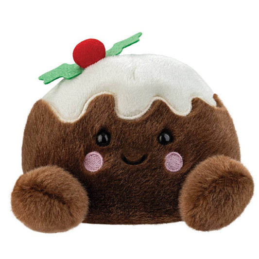 Christmas Pudding plush pudding character toy with brown fuzzy body, white frosting, green holly leaves, and a red berry on top, set against a plain white background.