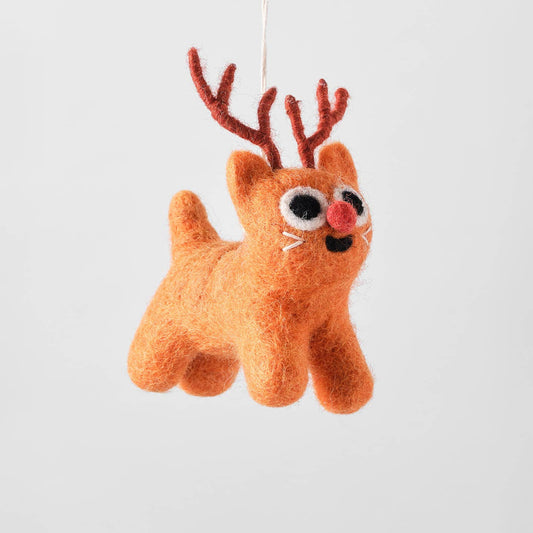A felted wool Christmas ornament shaped like a small reindeer, hanging from a thin white string against a clean, light gray background.