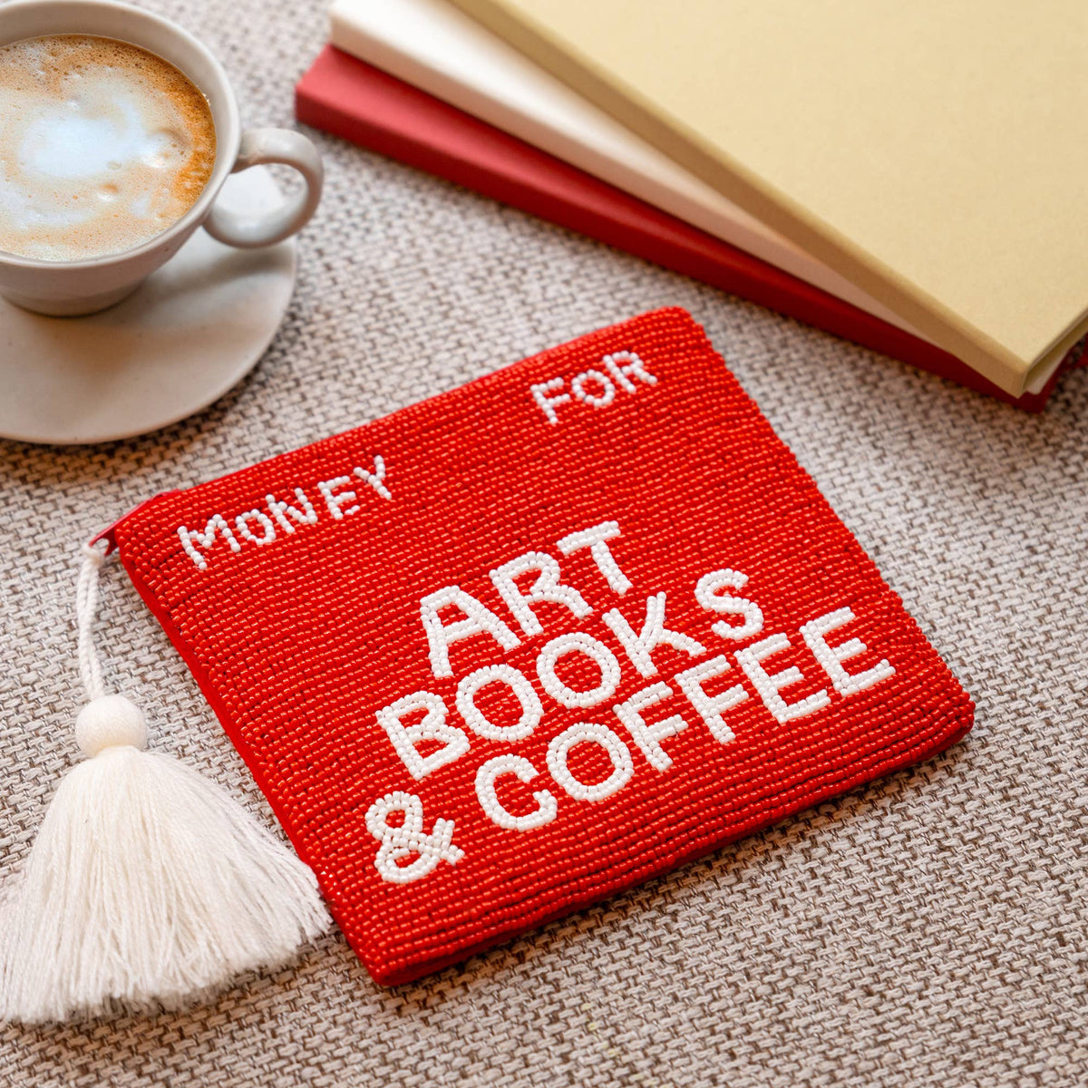 Helio Ferretti Medium Pouch Arts Books & Coffee Beaded Pouch