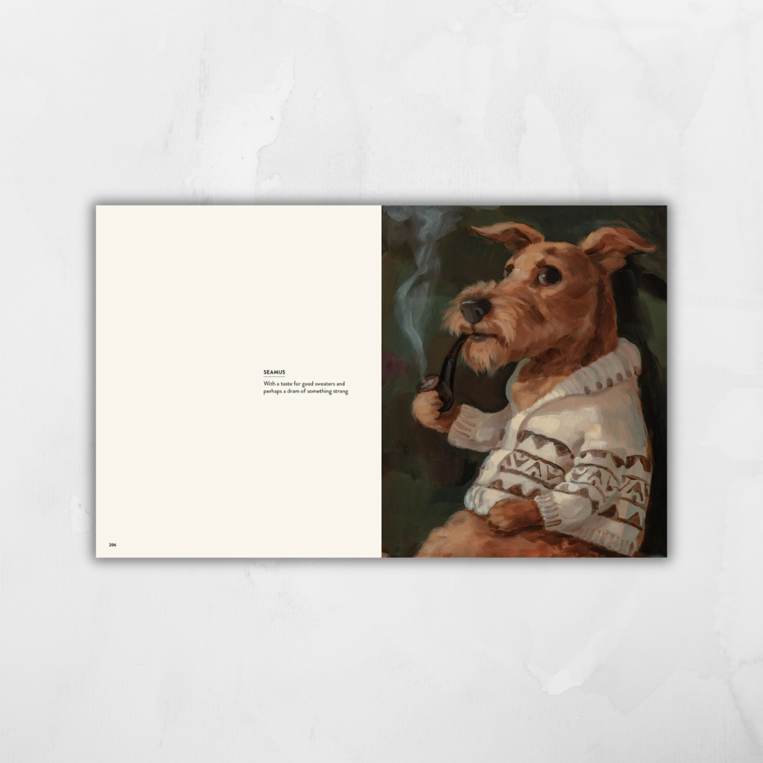 A square art print or book spread shown against a light marble-like background. The left page is cream with small black text, and the right page features a painted portrait of a brown dog wearing a white patterned sweater, holding a smoking pipe.