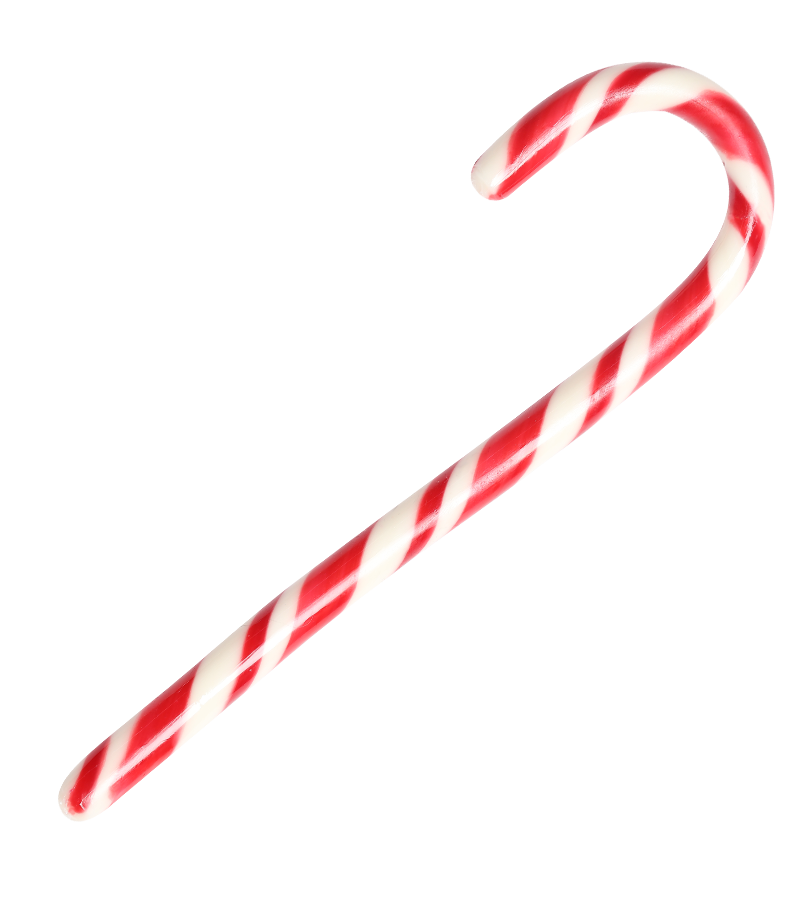 A classic red and white striped candy cane, isolated on a solid white background.