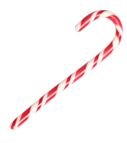 A classic red and white striped candy cane, isolated on a solid white background.