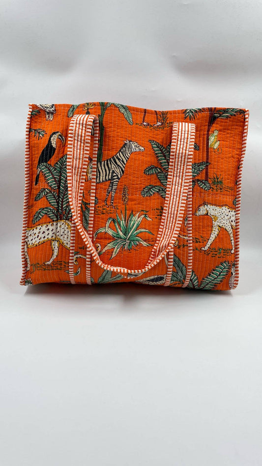 100% Cotton Kantha Quilted Boho Animal Reversible Tote Bag