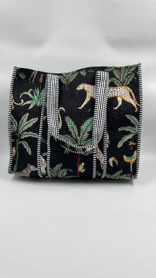 100% Cotton Kantha Quilted Boho Animal Reversible Navy tote