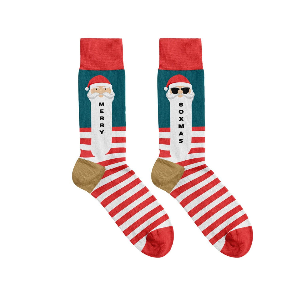 A pair of festive crew socks with red and white stripes, featuring a Santa face graphic on the upper leg with the words 'MERRY' and 'SOXMAS', and a solid red cuff.