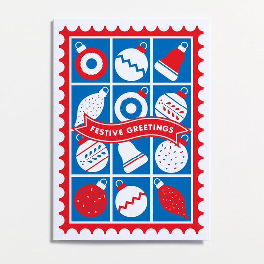 A festive Christmas greeting card by Crispin Finn with a red and blue holiday design, featuring ornament illustrations and a red banner reading 'Festive Greetings' on a white background.