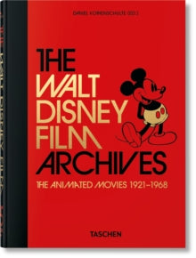 The Walt Disney Film Archives book cover by Daniel Koppelman, published by Taschen. The cover is predominantly bright red with black and gold typography and a black-and-white illustration of Mickey Mouse on the right side.