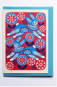 Blue Pink Rabbit Card by Karoline Rerrie