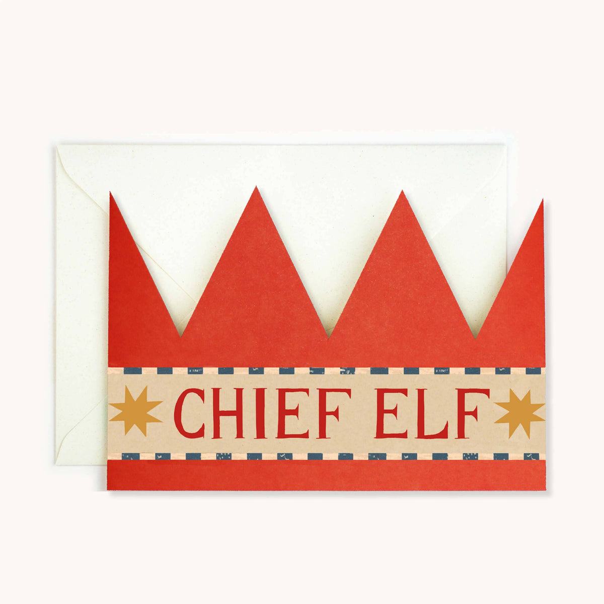 Red paper crown greeting card with 'Chief Elf' text on a white background