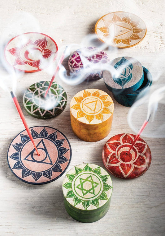 Chakra Carved Round Soapstone Incense Holder Pebble