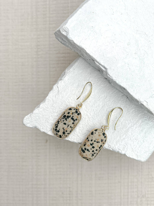 Dalmatian Jasper Rectangle Drop Gold Plated Earrings