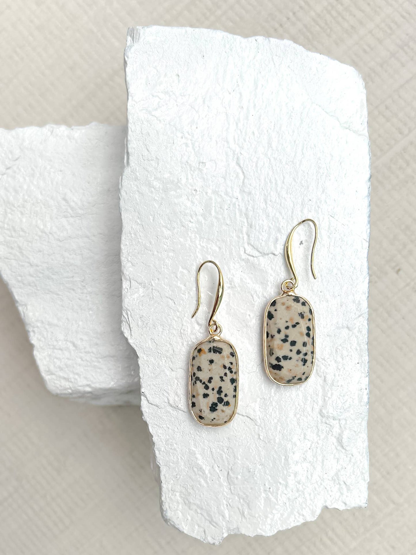 Dalmatian Jasper Rectangle Drop Gold Plated Earrings