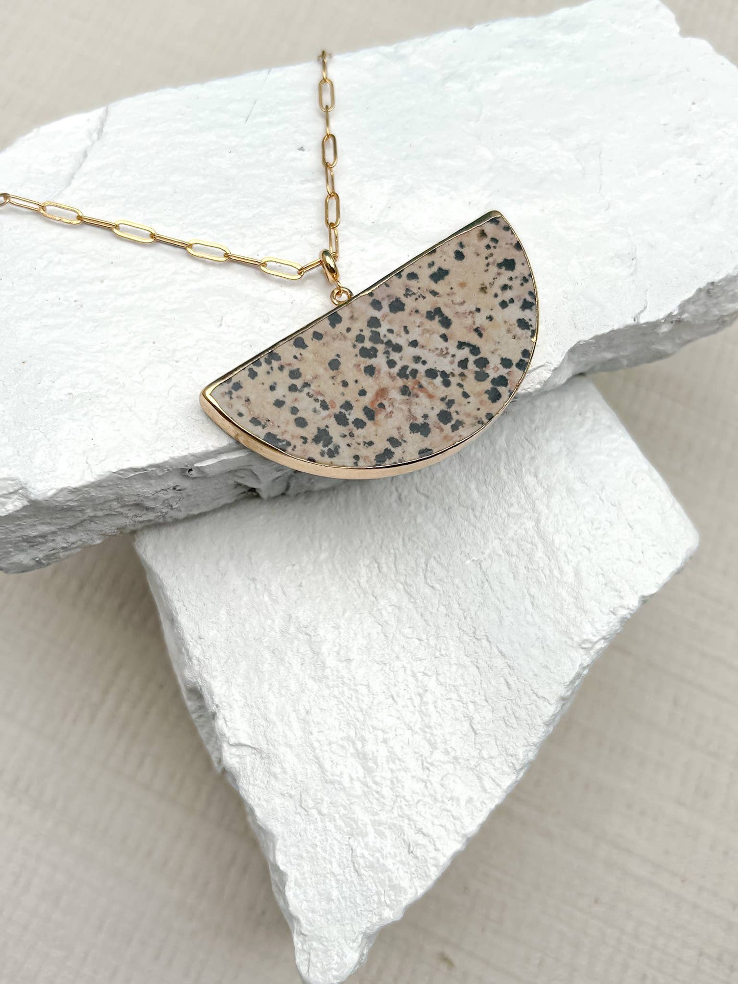 Dalmation Jasper Big Semi Circle Gold Plated Necklace