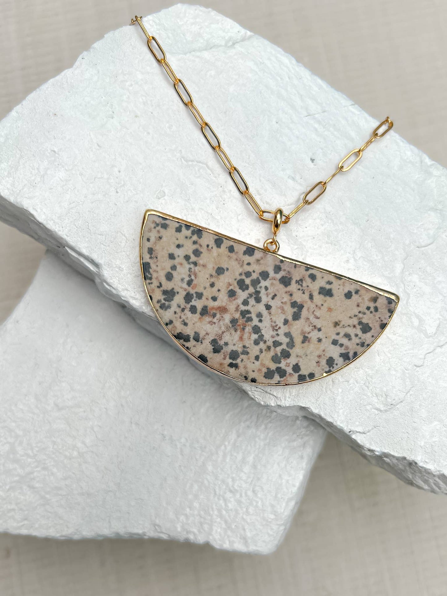 Dalmation Jasper Big Semi Circle Gold Plated Necklace