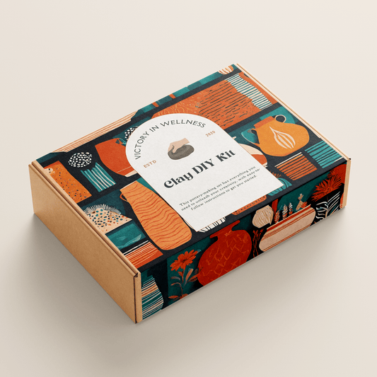 Colorful box with 'Clay DIY Kit' label on a beige background