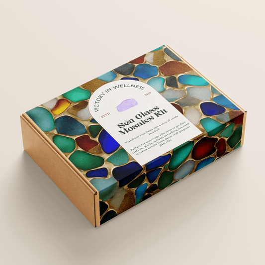 Sea Glass Mosaics Kit packaging with colorful glass pieces on a beige background