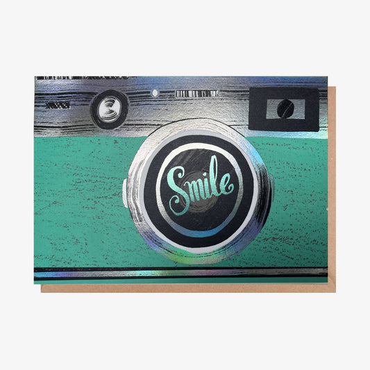 Greeting Card - "Smile" Camera, Teal (Foil Finish)