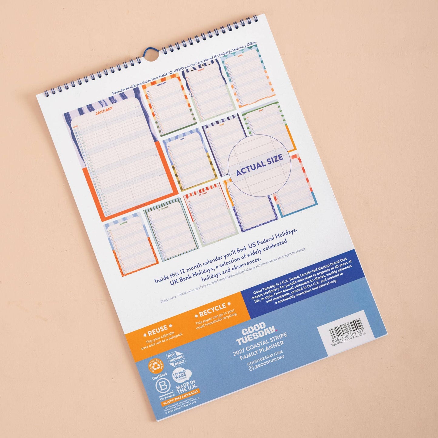 2027 A3 Family Wall Calendar | Coastal Stripe