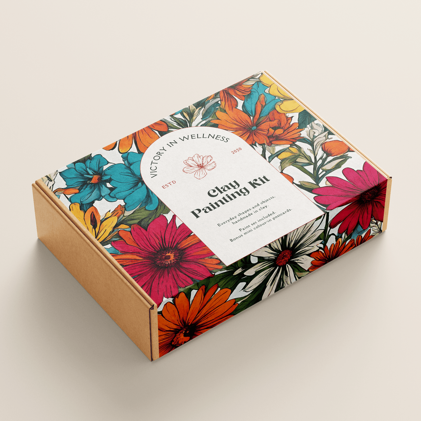 Floral-themed clay painting kit box on a beige background
