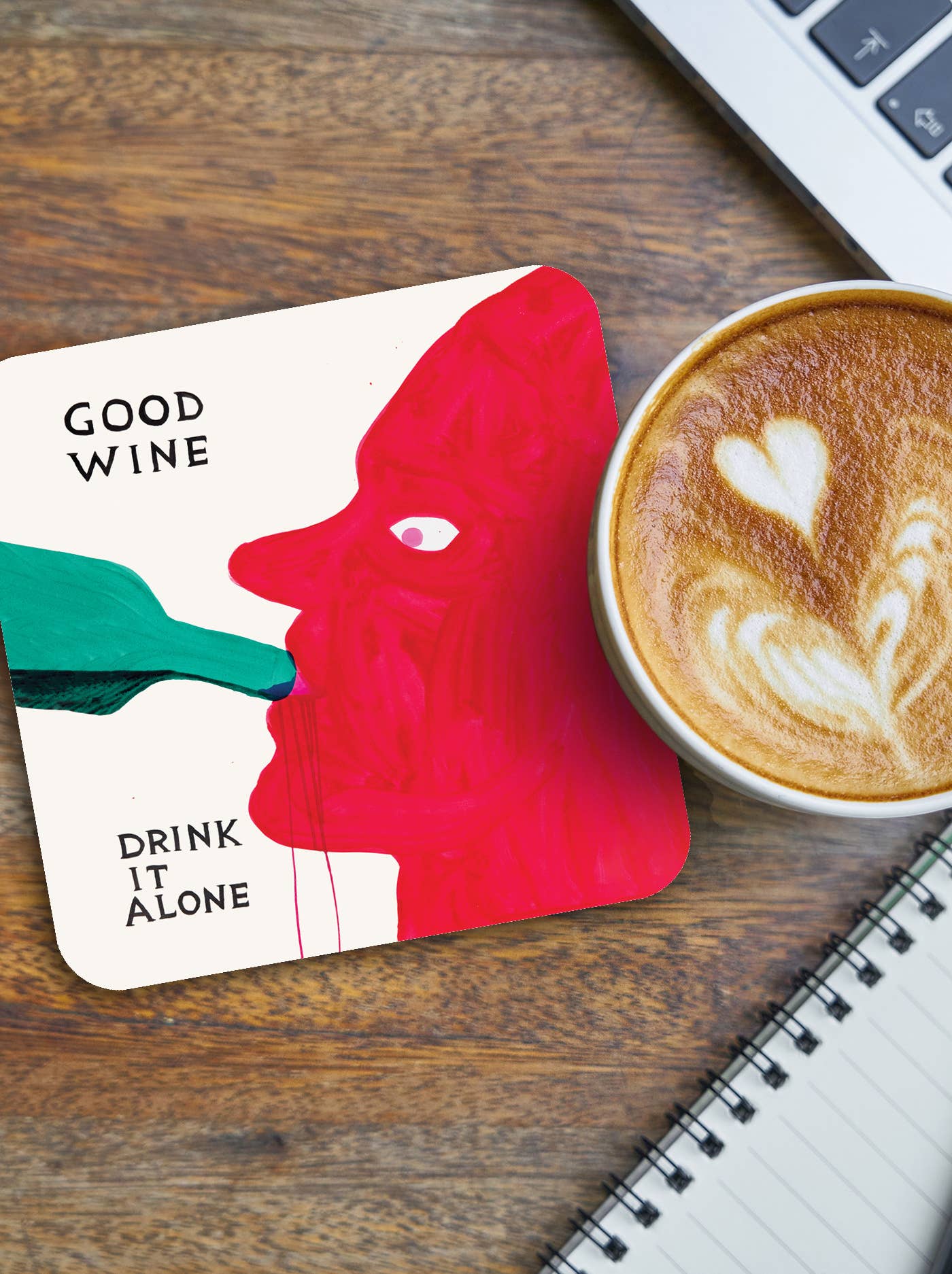 Funny Gift - Good Wine Drink Alone Coaster by David Shrigley