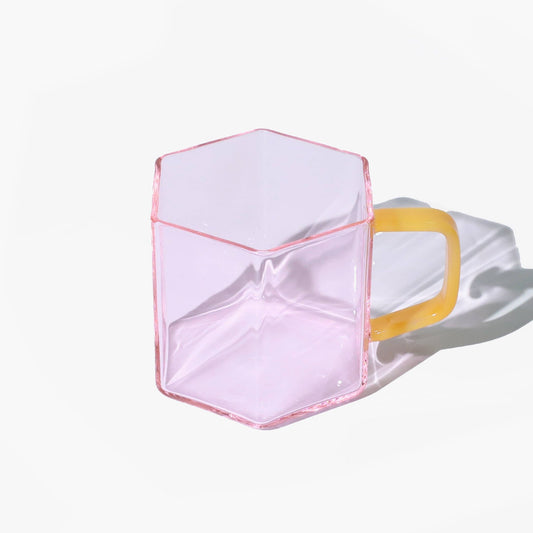 Helio Ferretti Geometric Pink Glass Mug with Yellow Handle