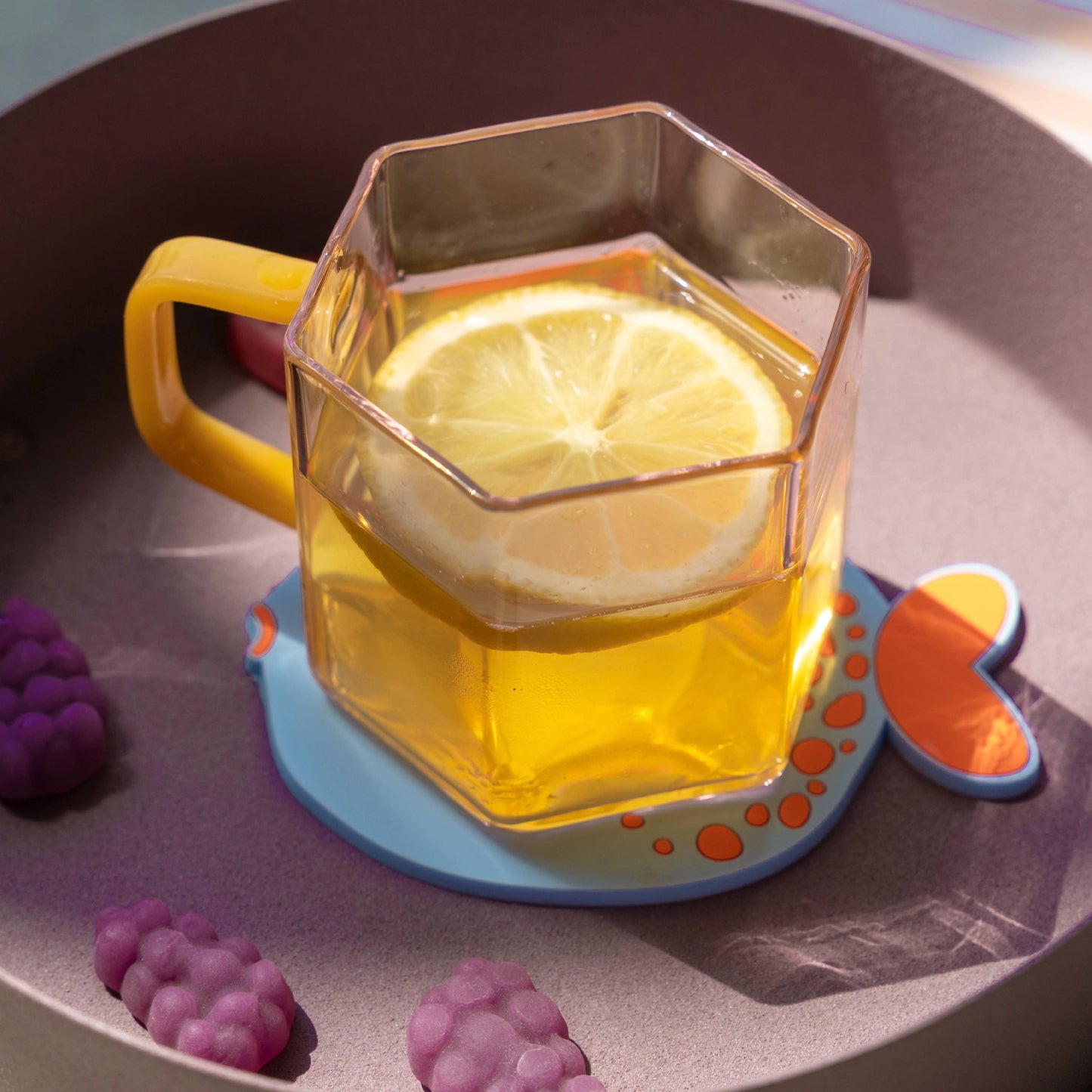 Helio Ferretti Geometric Pink Glass Mug with Yellow Handle