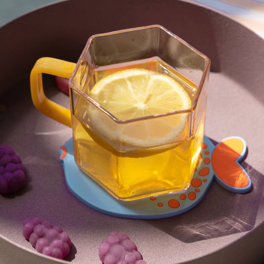Helio Ferretti Geometric Pink Glass Mug with Yellow Handle