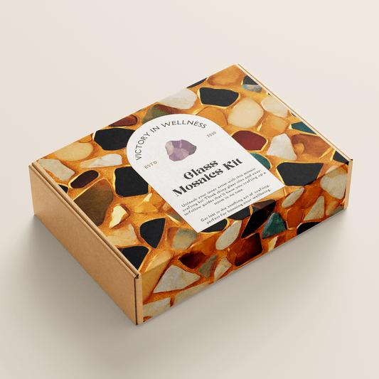 Glass mosaics kit packaging with a label on a beige background