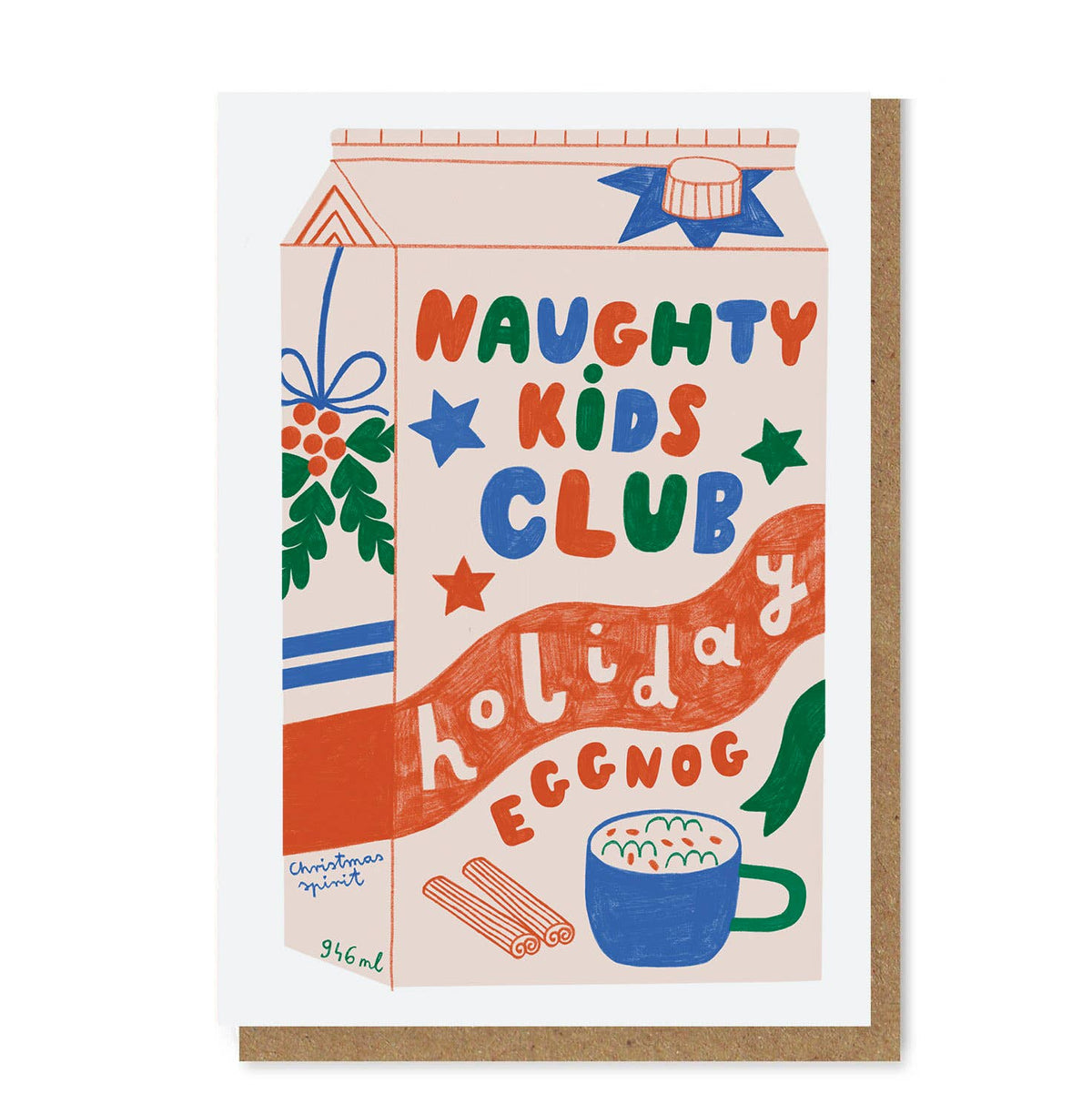 Card with a design of a carton labeled 'Naughty Kids Club Holiday Eggnog' on a white background.