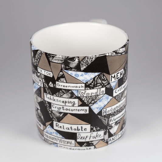 A bone china mug features the artwork from Grayson Perry's Non-Fungible Token (2022), a glazed ceramic pot as seen within Grayson's Art Club: The Exhibition at Midlands Arts